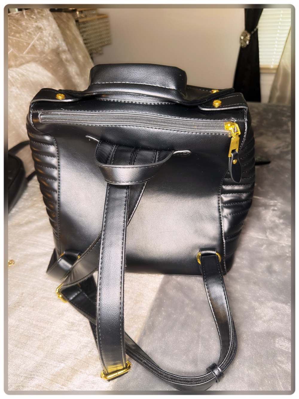 Leather-Style Large Backpack with Gold Hardware Motorcycle chic - Picture 2 of 2